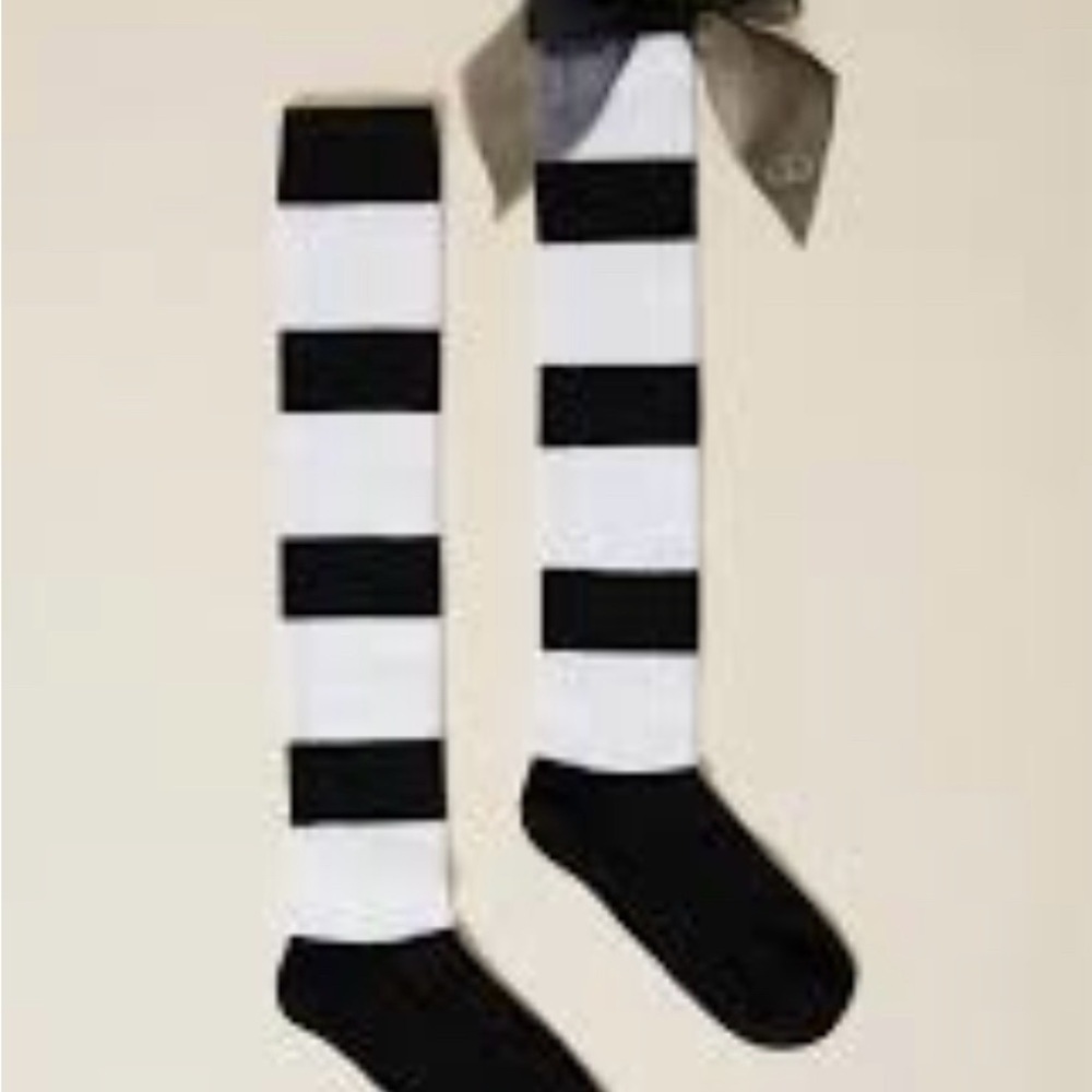 Twin-Set Kids Black and White Striped Socks with Ribbon. Euro designer Twinset